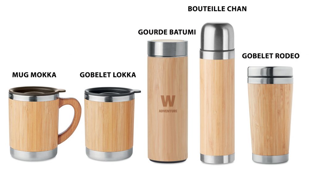 Gamme de gourdes, bouteilles et mugs en bambou à personnaliser